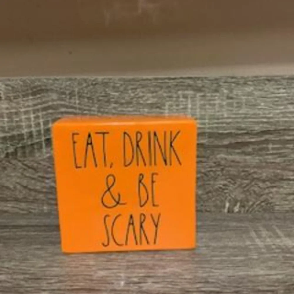 Rae Dunn Eat Drink and Be Scary Paperweight Orange Pottery Halloween Square Sign